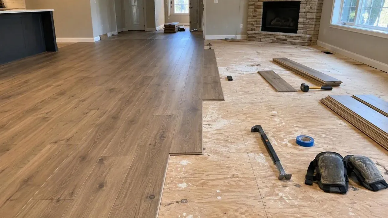 New plank flooring being installed over a prepared subfloor by a Kitchener flooring contractor
