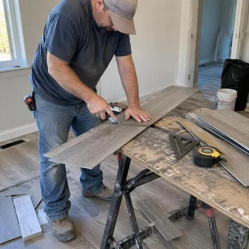 Vinyl plank cut for a quick guest-damage repair between bookings